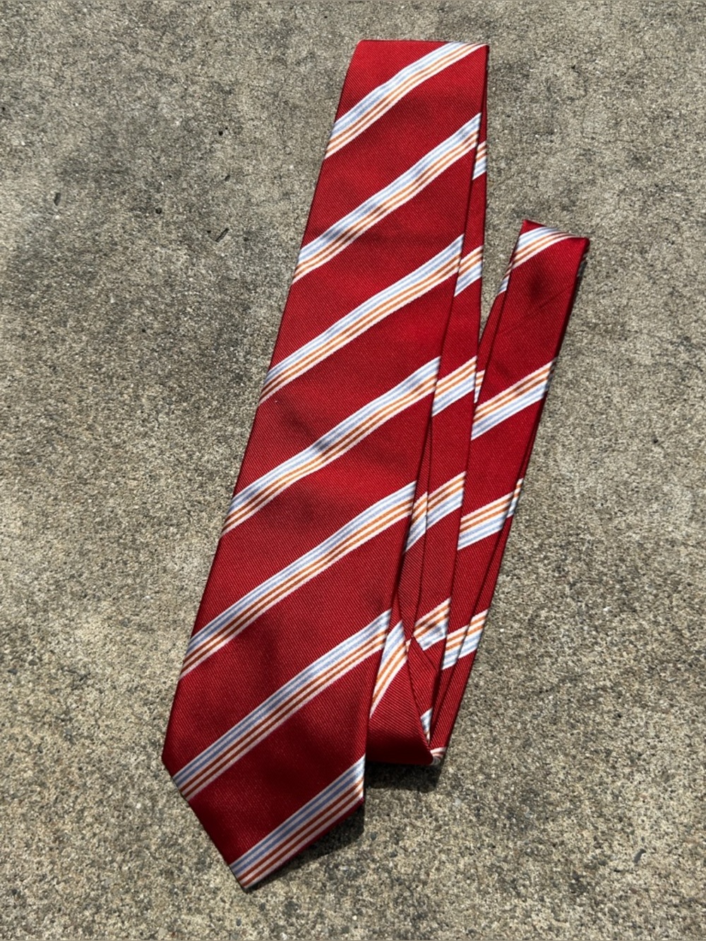 Brioni Red Striped Silk Tie with White and Gold Bands